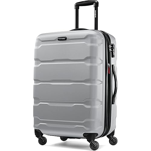 Samsonite Omni PC Hardside Expandable Luggage with Spinner Wheels, Silver, Checked-Medium 24-Inch