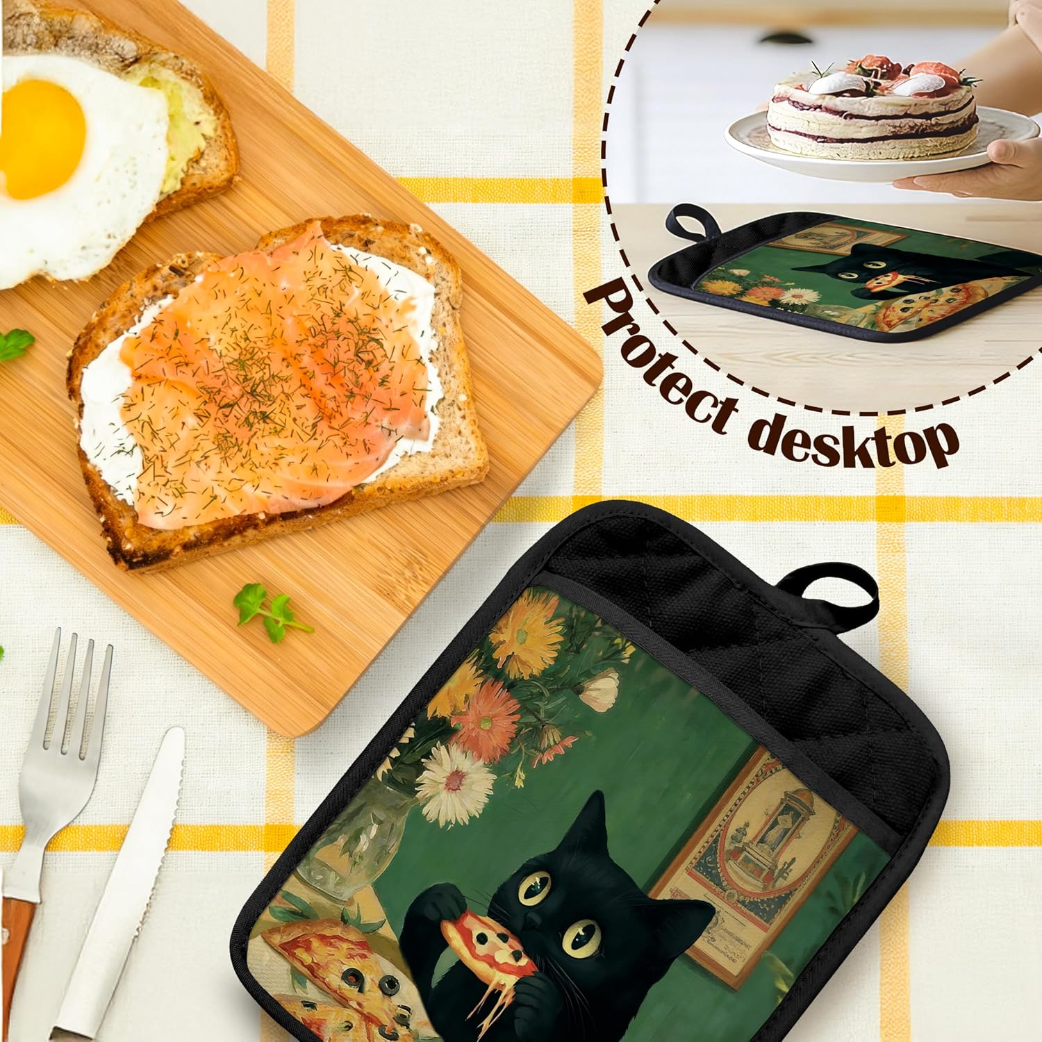 Whimsical Black Cat Eating Pizza Pot Holders Heat Resistant, Black Cat Lovers Gifts, Pizza Food Lover Gifts Oven Potholder Hot Pads for Kitchen Countertops Baking Cooking