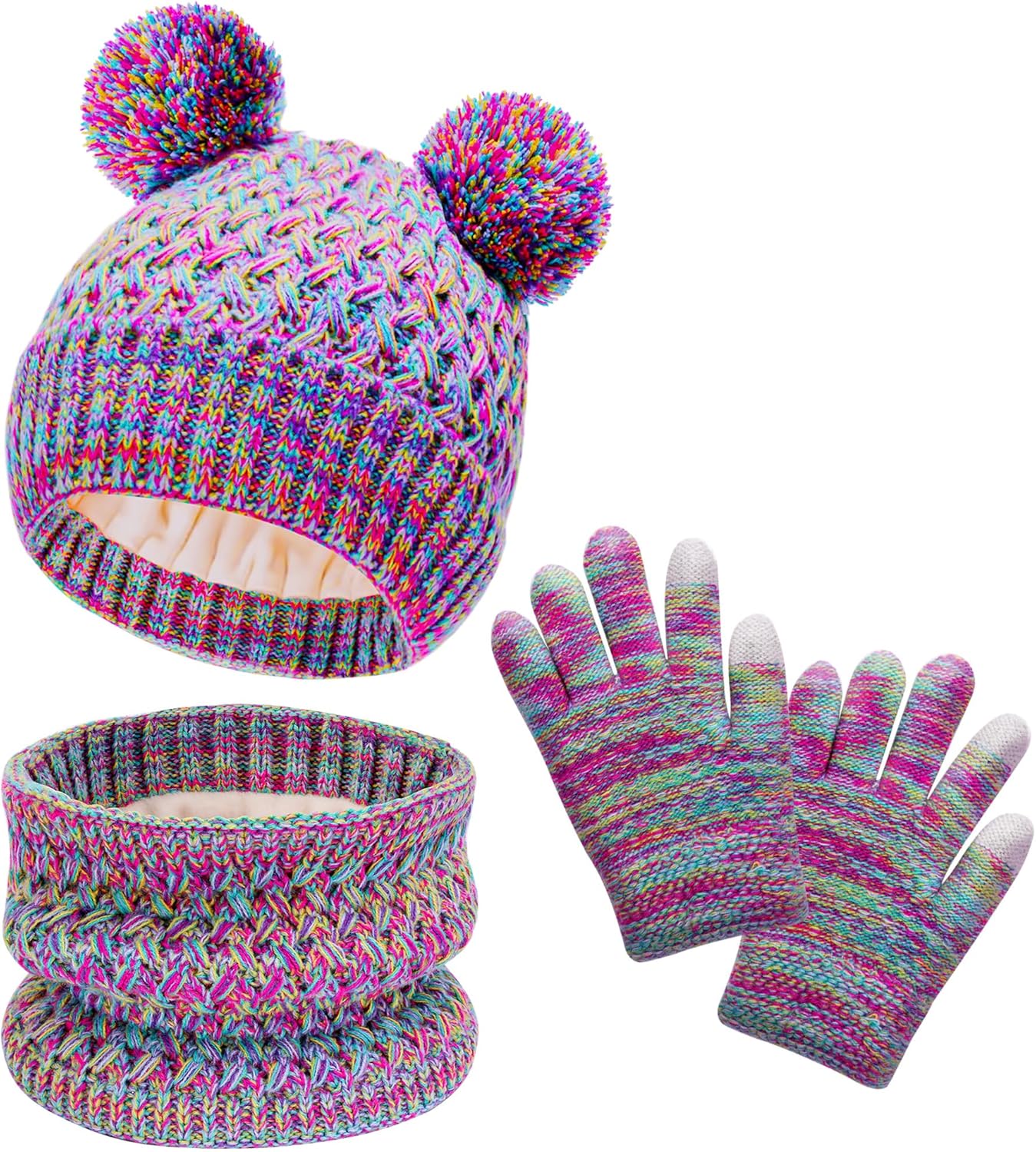 Kids Winter Hat Scarf Gloves Set, Toddler Beanie with Double Pom Pom Fleece Lined, Touch Screen Mitten for Girls Boys