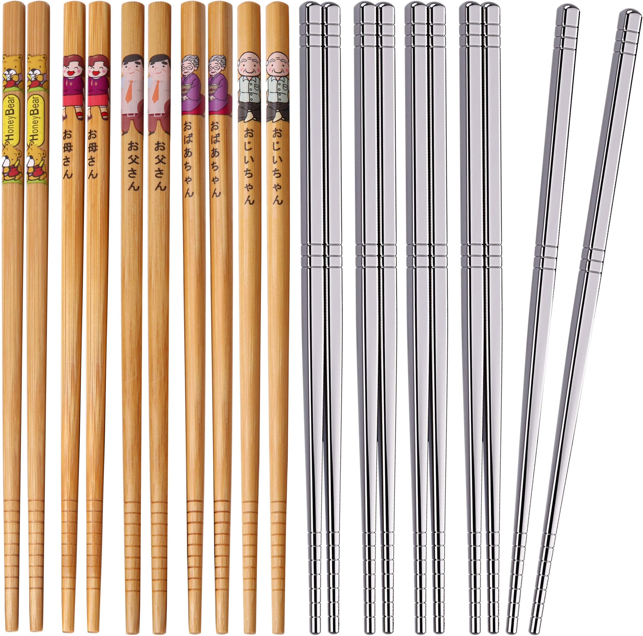 Omia 10 Pairs Premium Reusable Chopsticks Set - 5 Pairs Metal Stainless Steel Chopsticks with 5 Pairs Natural Wooden Bamboo Chopsticks Lightweight Easy to Use Chop Stick Utensils