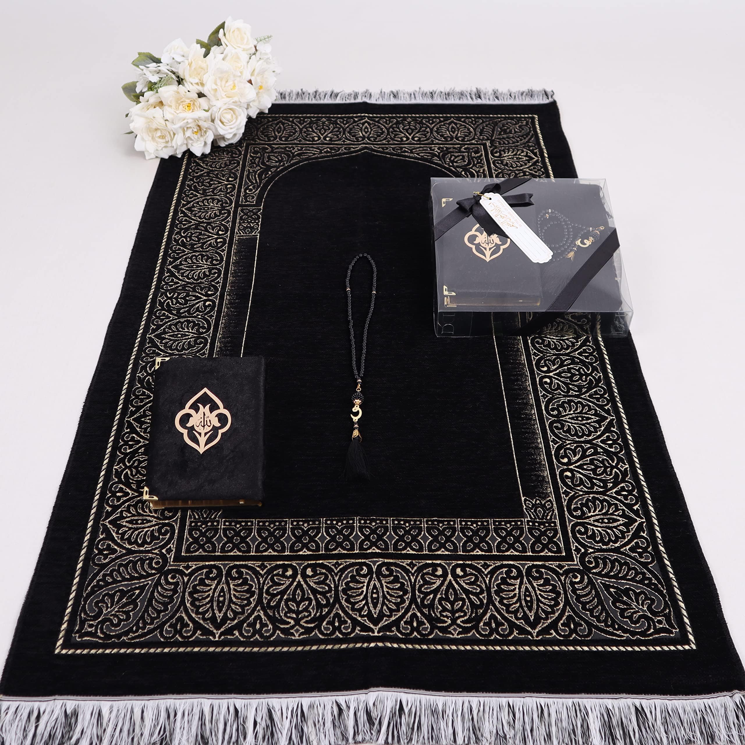 Islamic Elite Favors Personalized Prayer Rug Prayer Beads Quran Gift Set, Chenille Prayer Rug Pearl Prayer Beads Velvet Full Arabic Quran, Ramadan Eid Wedding Birthday Graduation (Black)