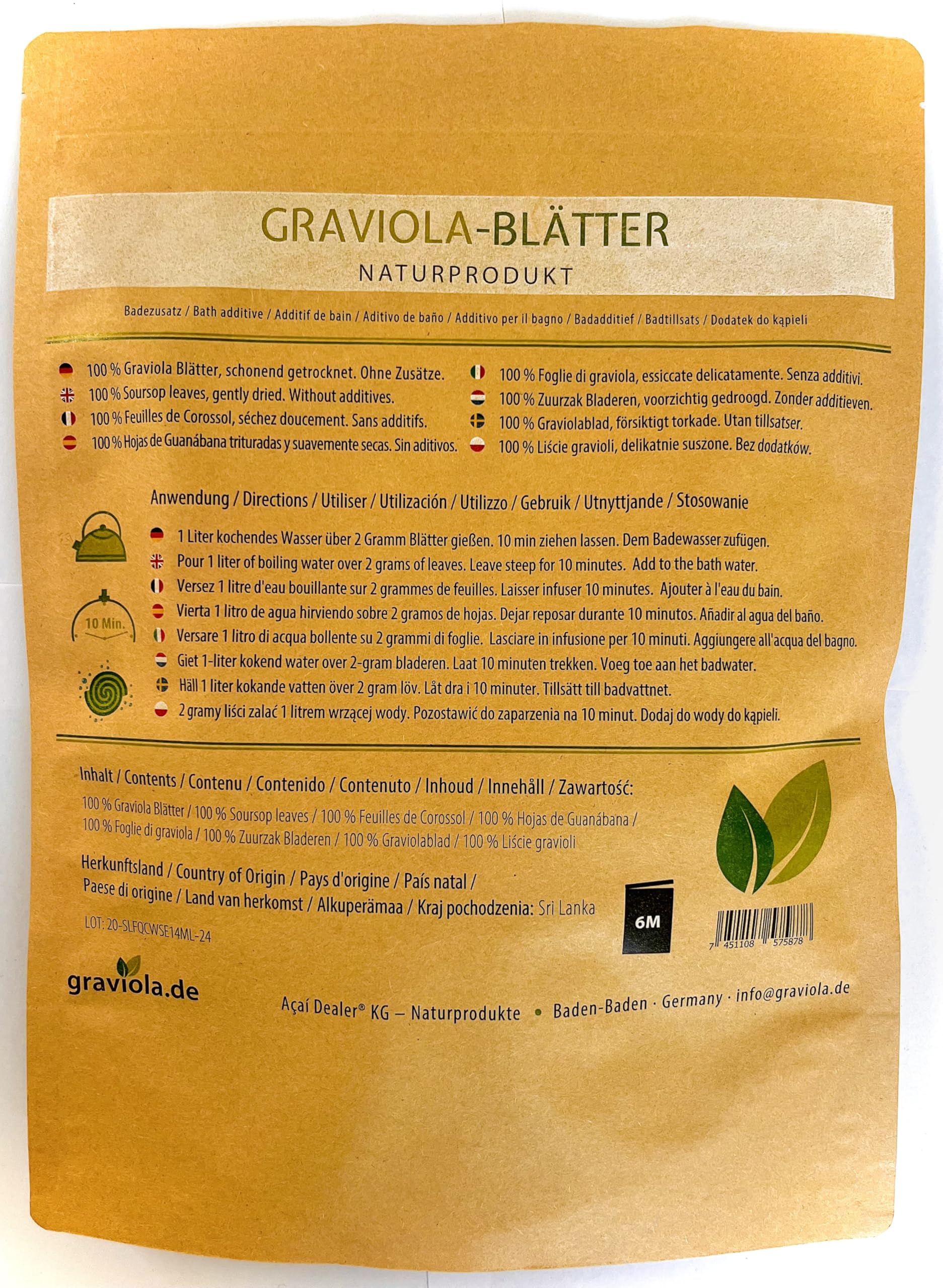 100 g de feuilles COROSSOL de qualité supérieure, sans pesticides. Naturelles directement du fabricant allemand Graviola.de (additif pour le bain)