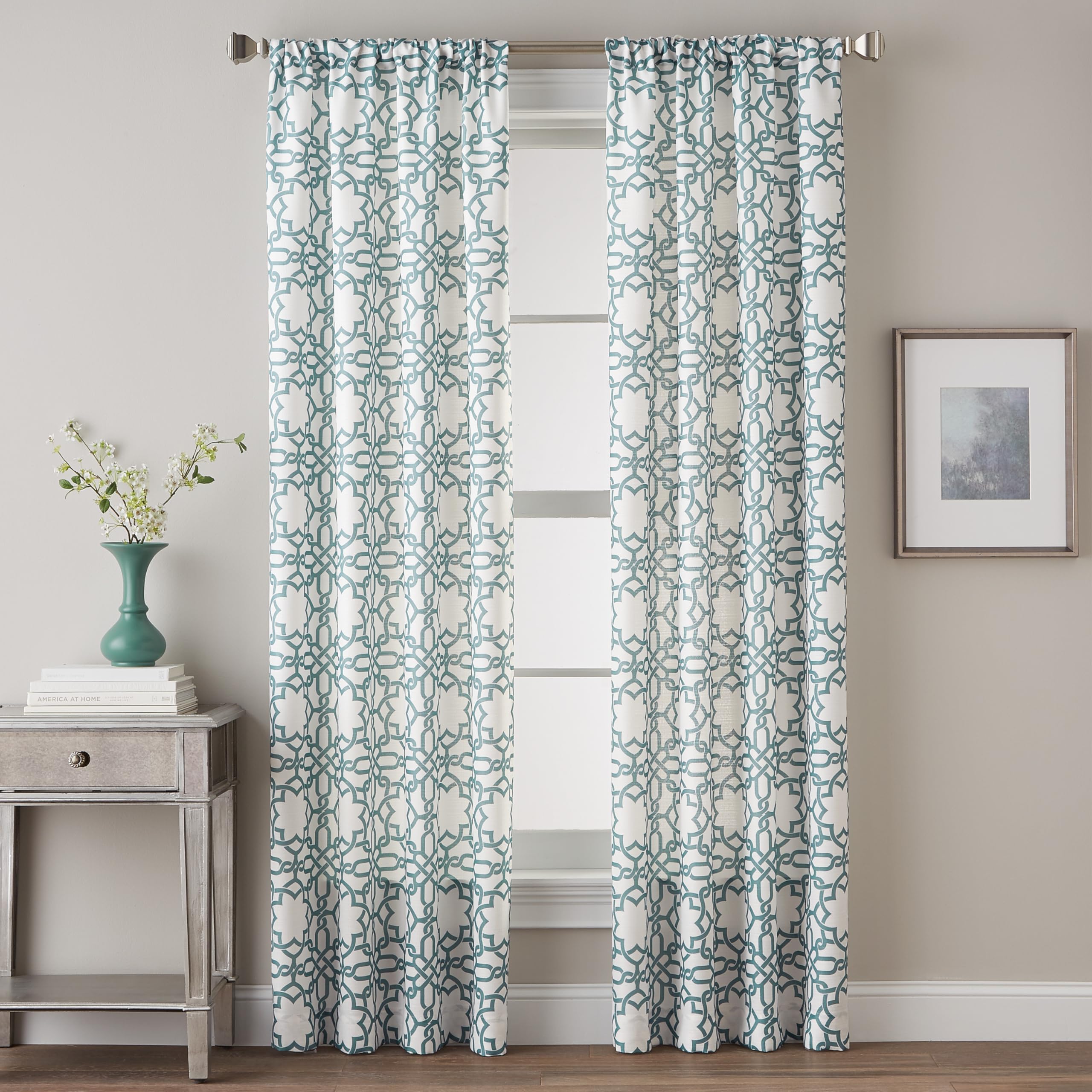 Lotus Harmony Geometric Rod Pocket Curtain Panel, 40 x 84 Green, 1 Panel