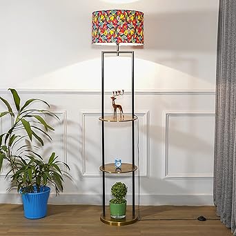 KAPOOR E-ILLUMINATIONS Gallow Metal Multiutility Shelf Floor Lamp with Cotton Multicolor Lampshade for Living Room Corner, Study Room, Bedroom, Hotel, Office (Brass & Black, 65 Inches Height)