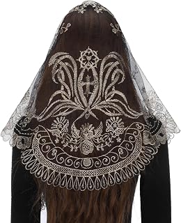 Traditional Triangular church veil - Spanish Style with Holy Grail Embroidery Lace Mantilla veil for women