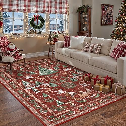 Miniatura 14 de Alfombra de área de Navidad 5 x 7 pies, copos de nieve rojos, alfombra decorativa festiva para sala de estar, dormitorio, alfombra antideslizante
