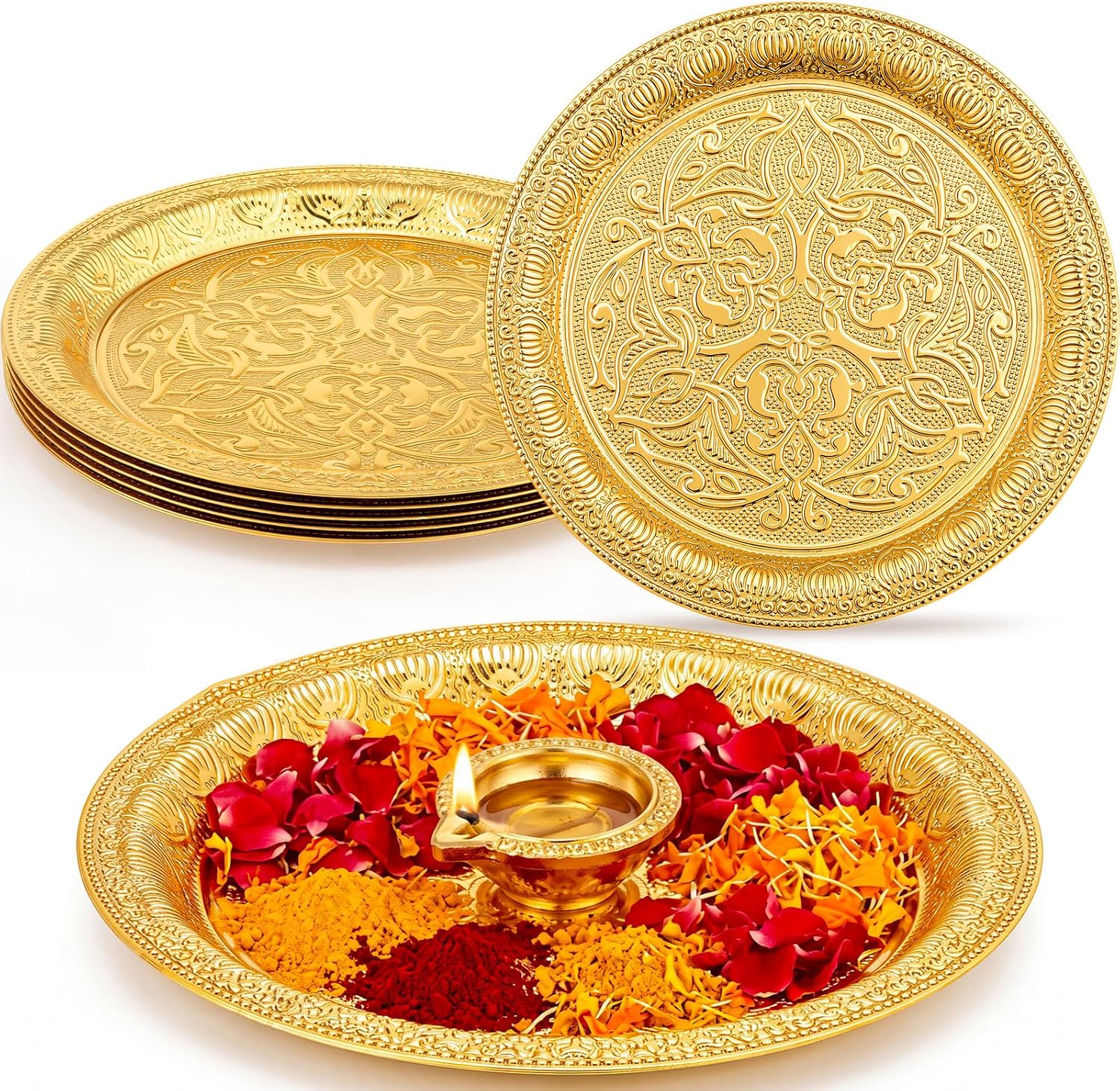 Rtteri 6 Pcs Indian Pooja Thali Tray Return Gifts 6.69 Inch Puja Plates