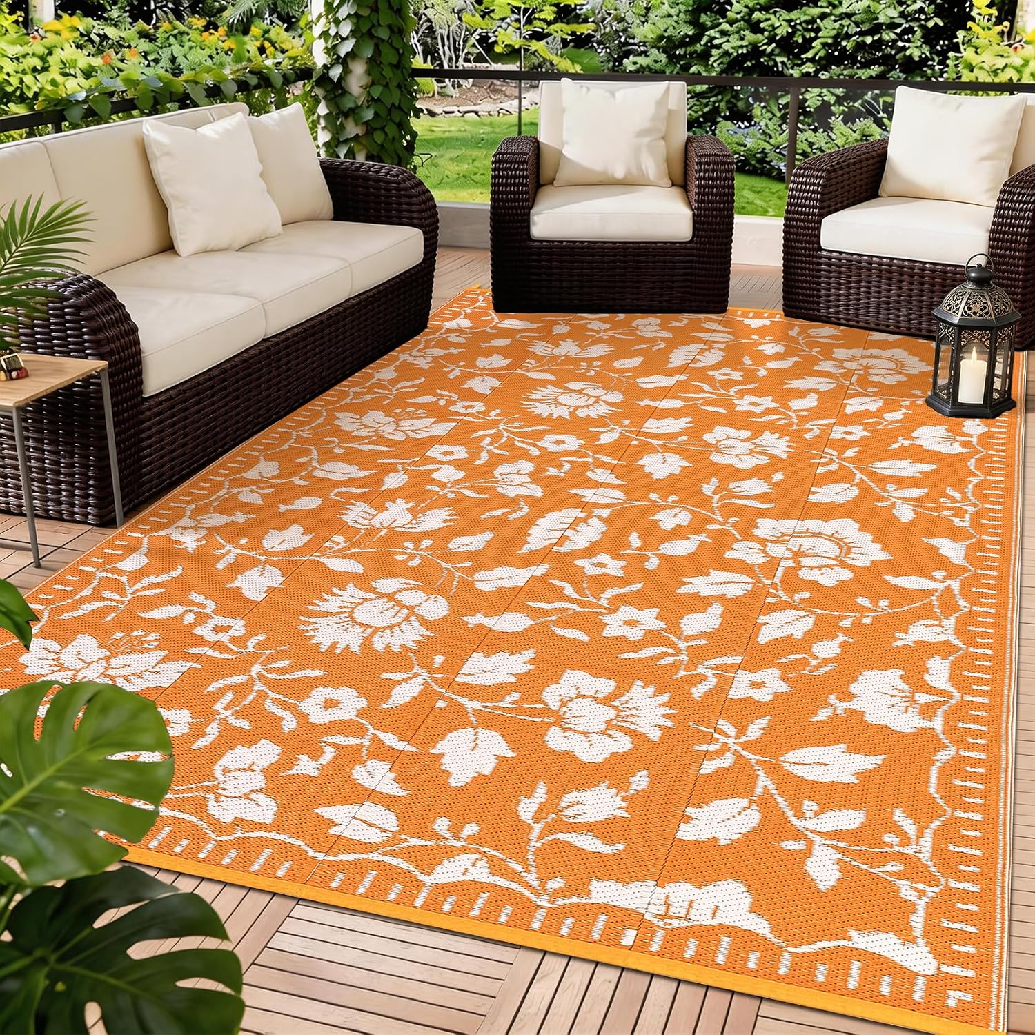 COZYLOOM Waterproof Outdoor Rug for Camping 6x9 Vintage Floral Outdoor Patio Rug, Bordered Plastic Straw RV Rugs for Outside, Reversible UV Resistant Mats for Camper, Beach, Balcony, Porch, Orange