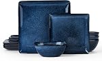 E-far Ensembles de assiettes et bols carrés, 12-Piece Ensembles de vaisselle en grès pour 4, Ensemble de lave-glaces réactifs, anti-dérapant et anti-rayure, lave-vaisselle et micro-ondes sans danger, blanc coquillage