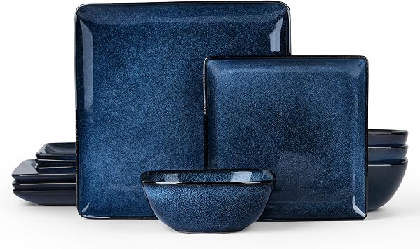 E-far 12-Piece Square Dinnerware Sets for 4, Reactive Glaze Stoneware