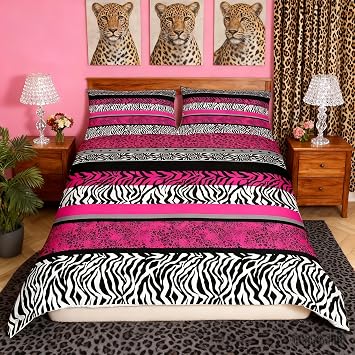 Rose Stripe Duvet Cover Set - Double Size, Leopard Zebra Floral Print Bedding Set with 3pcs for Kids Boys Girls Room Decor, Wild Animal Print Comforter Cover with 2 Pillowcases