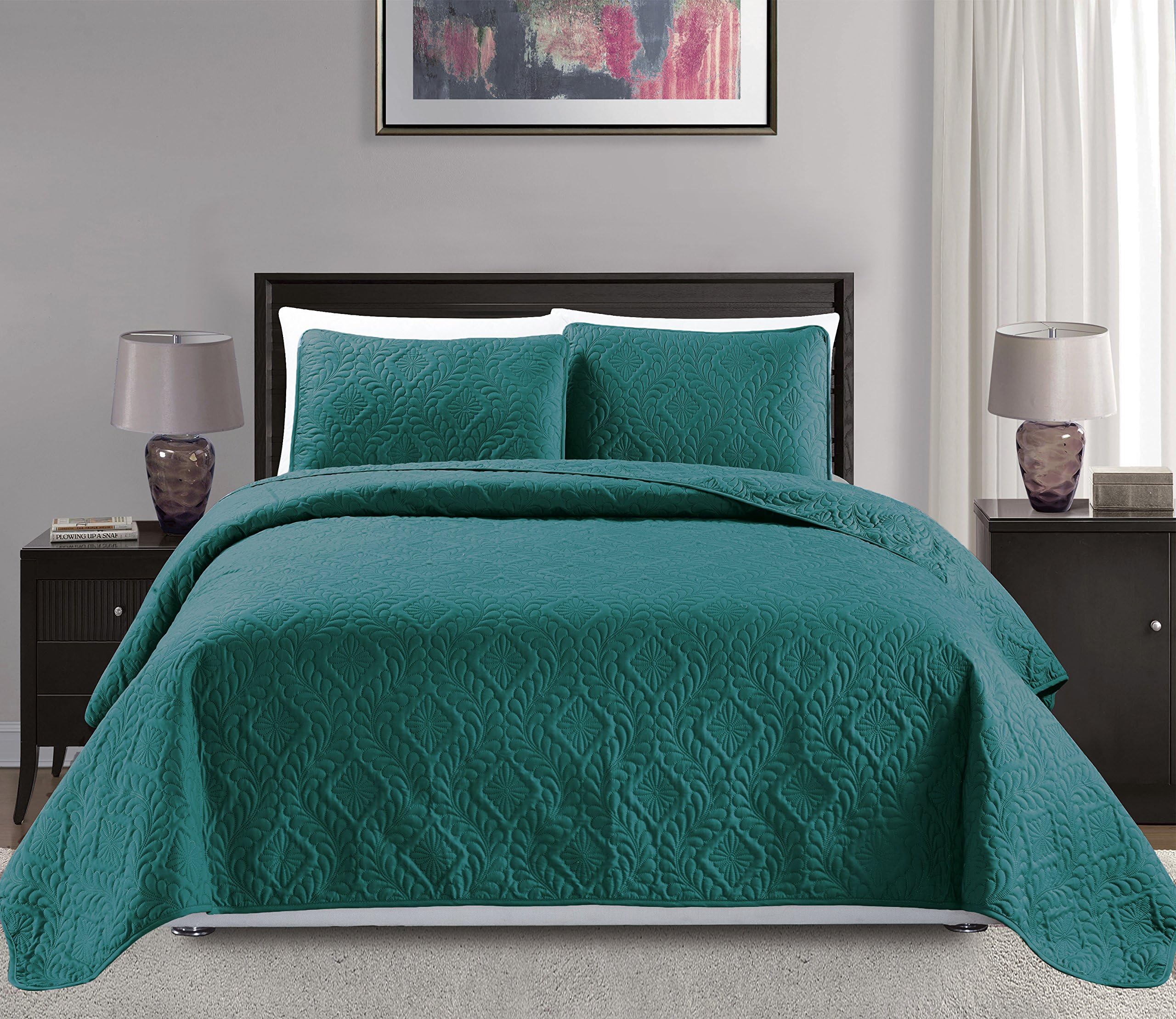 Mk Collection King/California King Over Size 118"x106" 3pc Diamond Bedspread Bed-Cover Embossed Solid Turquoise New