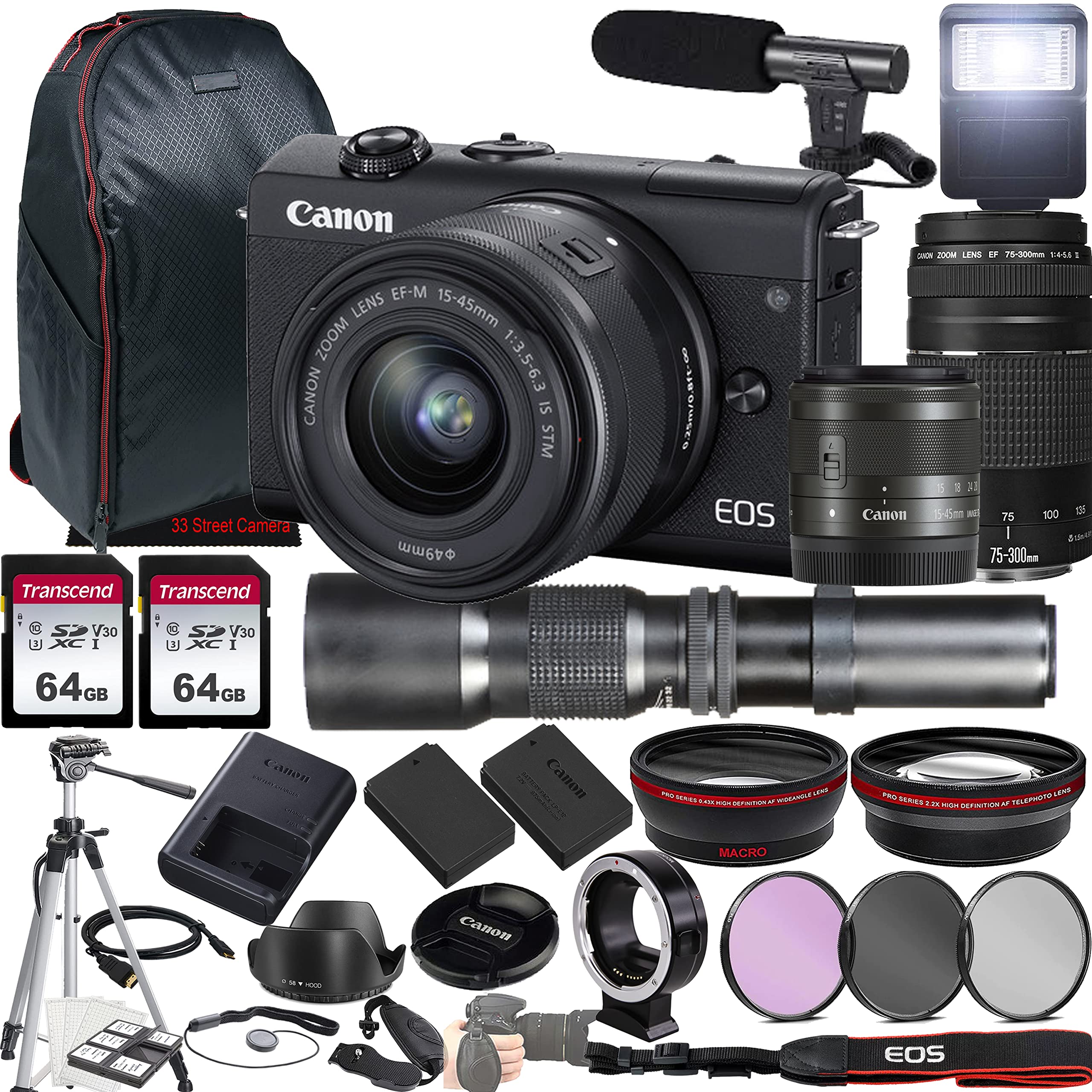 Canon EOS M200 Mirrorless Camera w/EF-M 15-45mm f/3.5-6.3 is STM Lens + EF 75-300mm f/4-5.6 III Lens + 500mm f/8 Focus Lens + 2X 64GB Memory + Case + Microphone + Tripod + More (35pc Bundle)