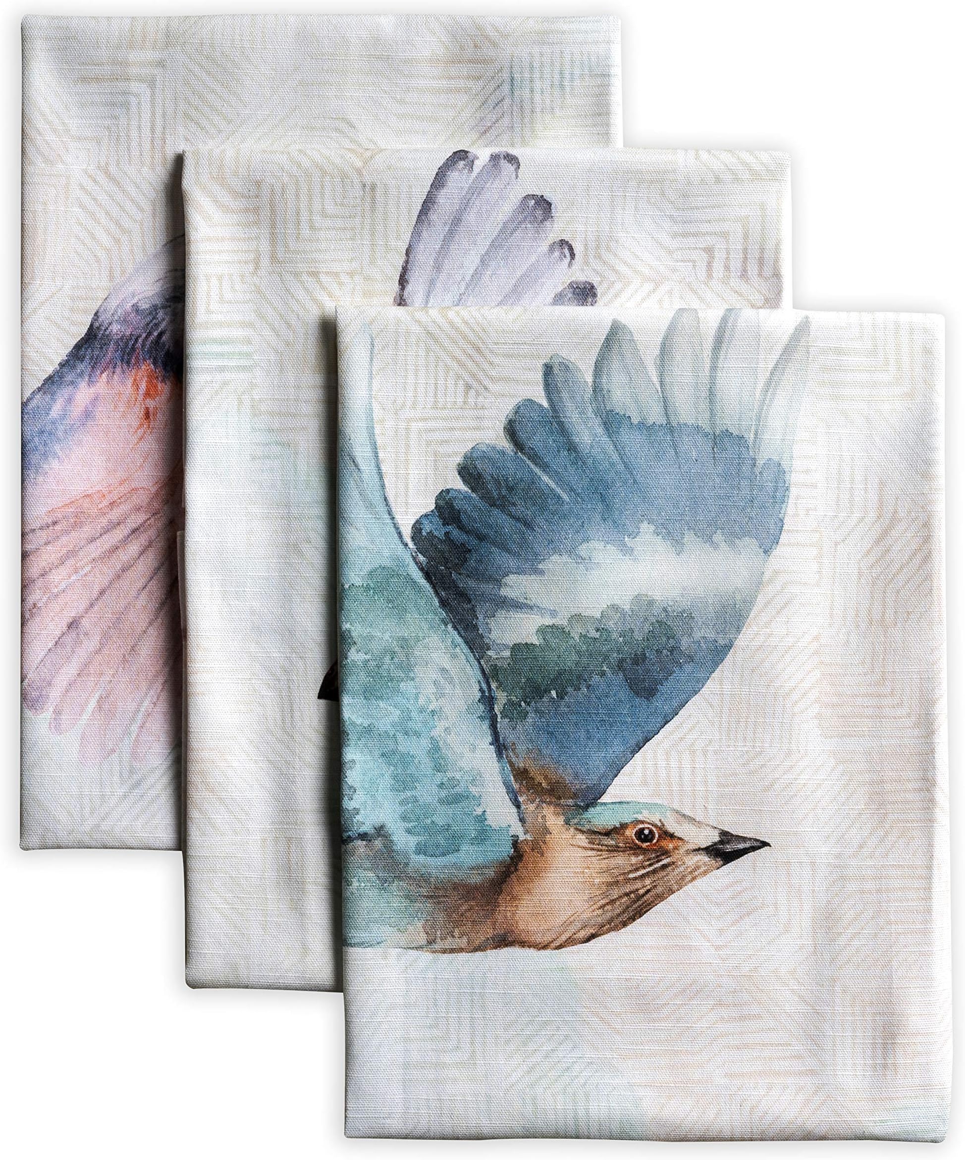 Maison d' Hermine Kitchen Towels Set of 3 100% Cotton 70 CM x 50 CM Reusable Cloth Tea Dish Towels Absorbent with Hanging Loop for Kitchen Dining Easter decorations (Flying Birds)