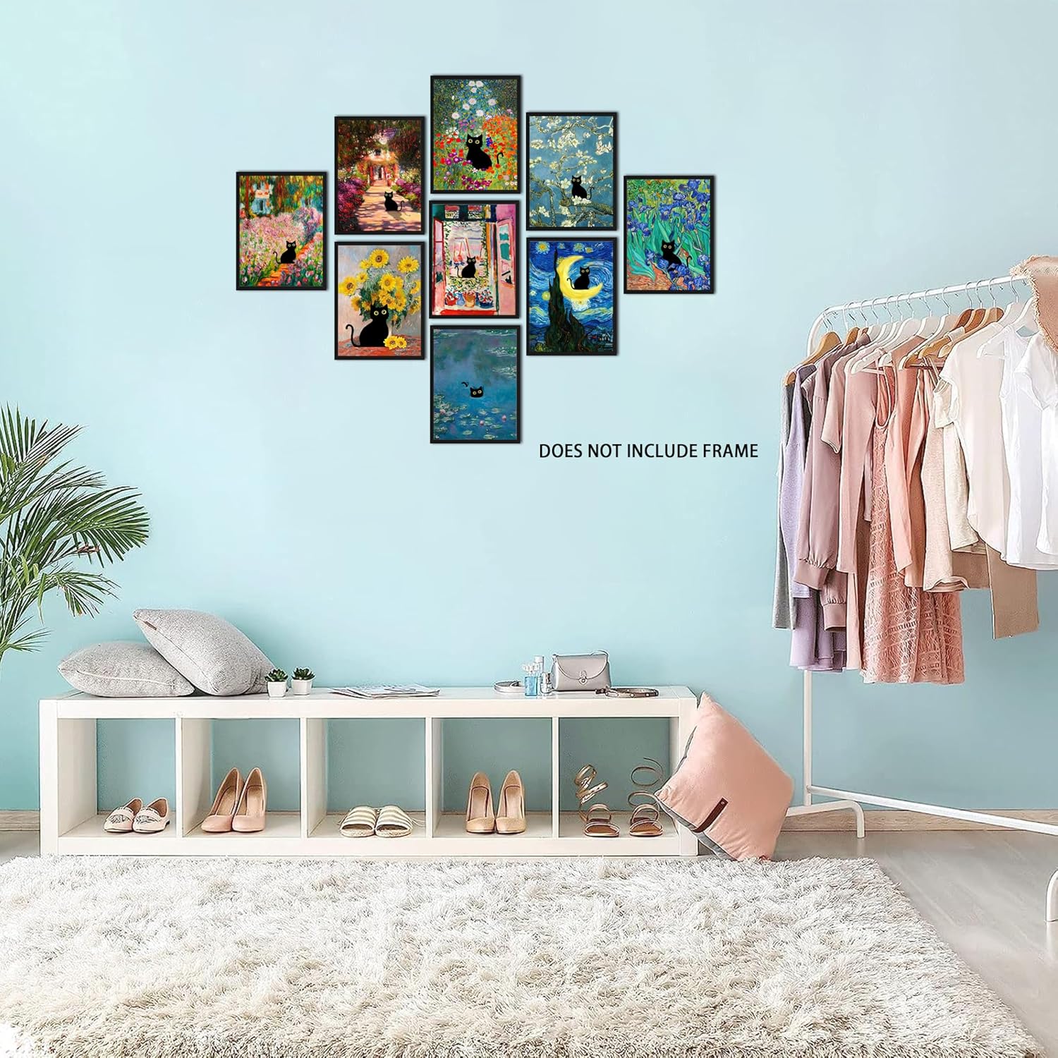 Funny Black Cat Wall Art Set of 9, Cute Cat Animal Posters Prints Pictures, Vintage Monet Floral Famous Aesthetic Wall Decor Paintings for Living Room Bathroom Home Decor 12x16 Inch Unframed