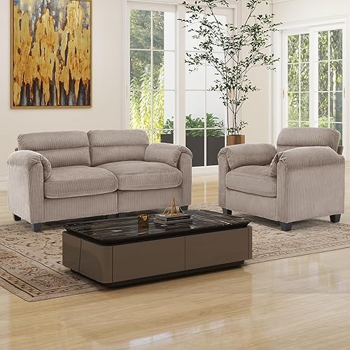 Miniatura 50 de Juego de sofá de pana, otomana tapizada, sofá de dos plazas y sofá de 3 plazas con cojines mullidos y brazos redondeados, juegos de muebles modernos