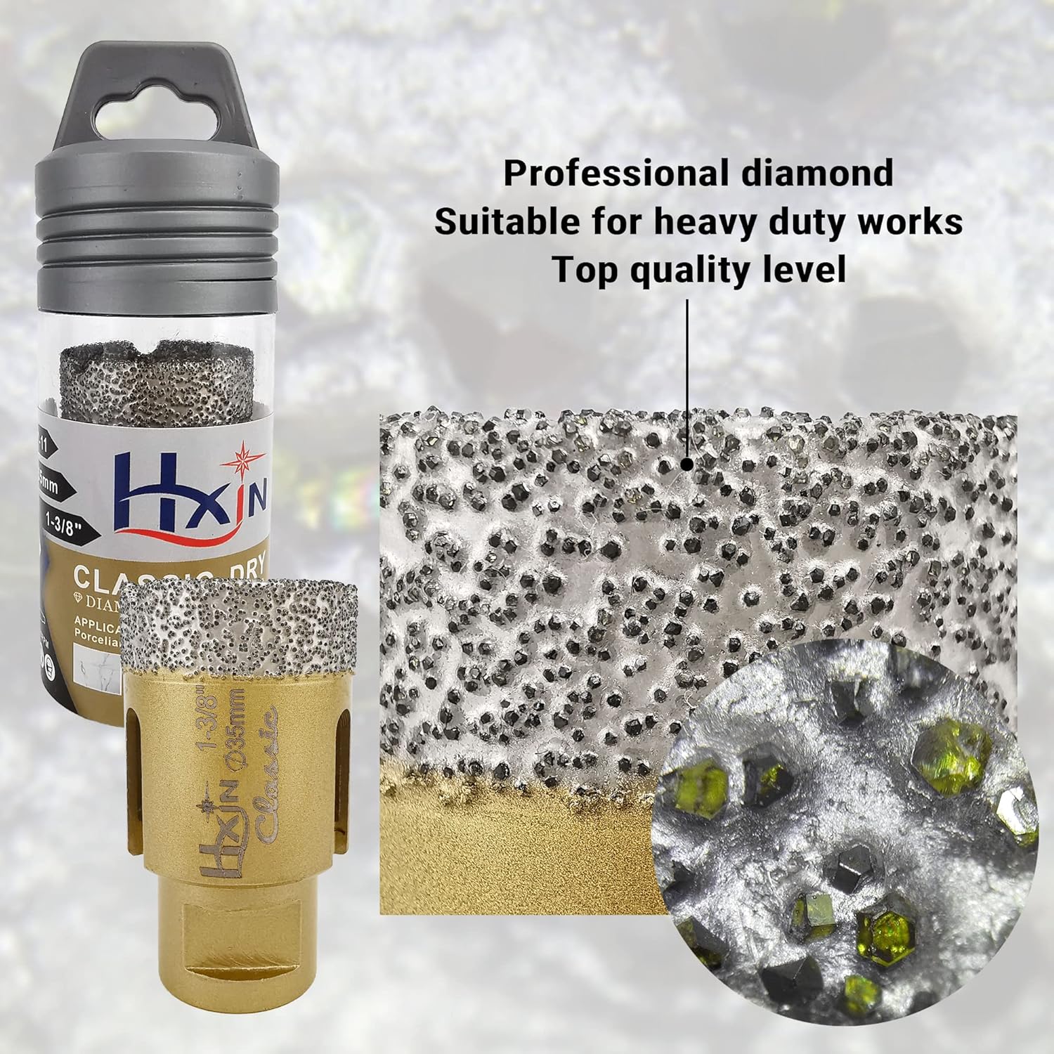 Vacuum brazed Diamond Hole Saw with 5/8"-11 Thread Classical Golden for Dry or Wet Drilling on Hard Porcelain Ceramic Tile Masonry Granite Marble Used on Angle Grinder (35mm 1-3/8")