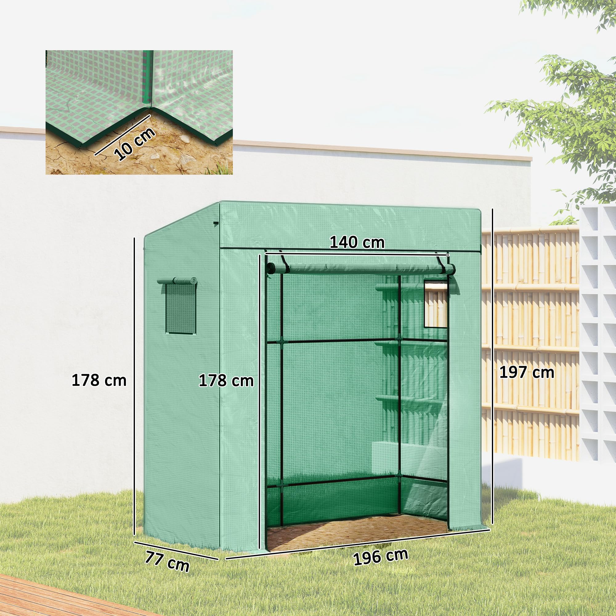 Outsunny Tomatengewächshaus Foliengewächshaus mit Rolltor Netzfenster Schrägdach 196 x 77 x 197 cm Stabil Gewächshaus mit PE-Folie Erdhaken Tomatenhaus Treibhaus für Garten, Balkon, Terrasse Grün