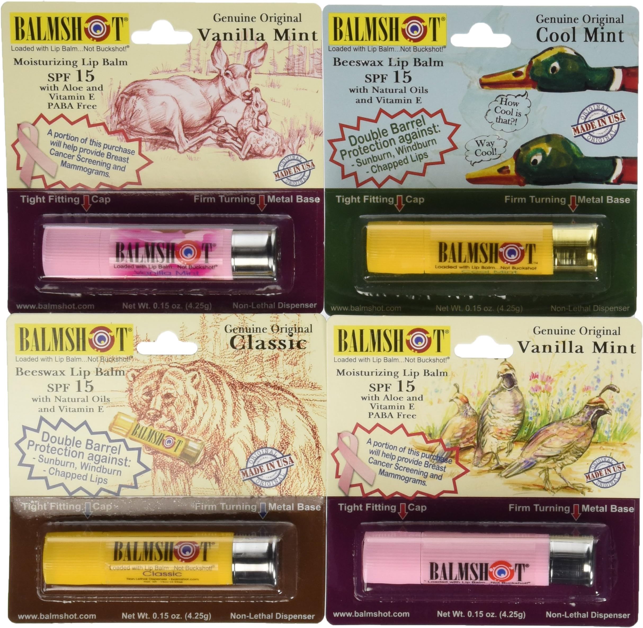 Lip Balm - Multipack of four (4) BALMSHOT SPF 15 Lip Balms