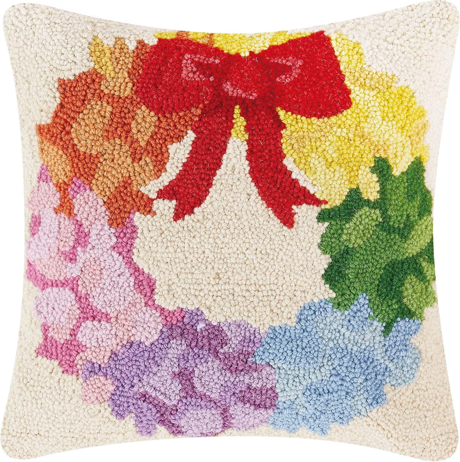 Peking Handicraft Rainbow Wreath Christmas Polyfill Hook Throw Pillow, 16-inch Square, Wool and Poly Velvet, Holiday Seasonal Decoration