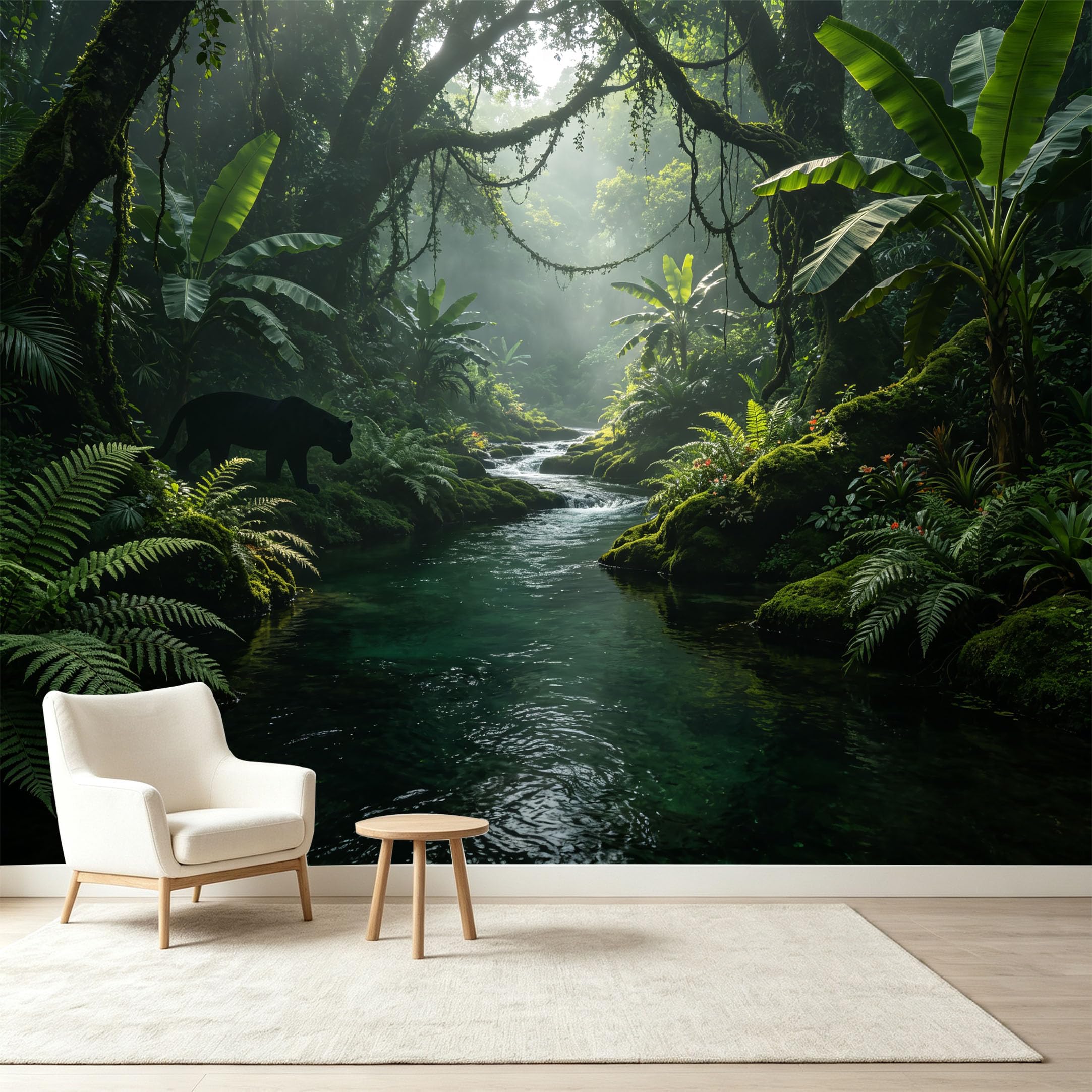 Custom Size Wall Murals Tropical Jungle Rainforest Panther River Landscape Self-Adhesive Wall Fabric Removable Wallpaper Wall Decor for Living Room Bedroom Bathroom