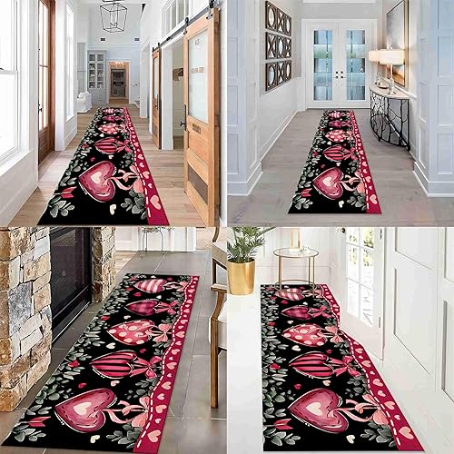 Miniatura 4 de LHOMKCV Alfombra de pasillo larga para pasillo, 2 x 7 pies, diseño de corazón con lazo y hojas verdes, alfombra de pasillo de pelo bajo, fácil de