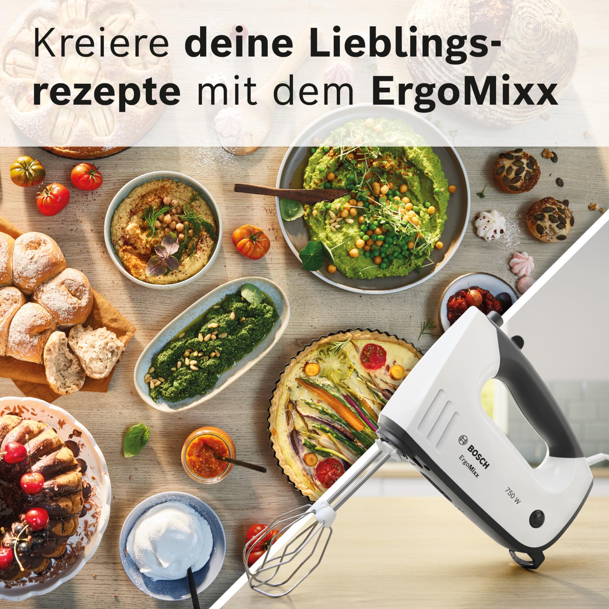 Bosch Handrührgerät, mit Pürierstab, Mixbecher, Edelstahl Rührer, Knethaken, spülmaschinenfest, 5 Stufen plus Turbotaste, weiß/grau, 750 W, ErgoMixx MFQ37470