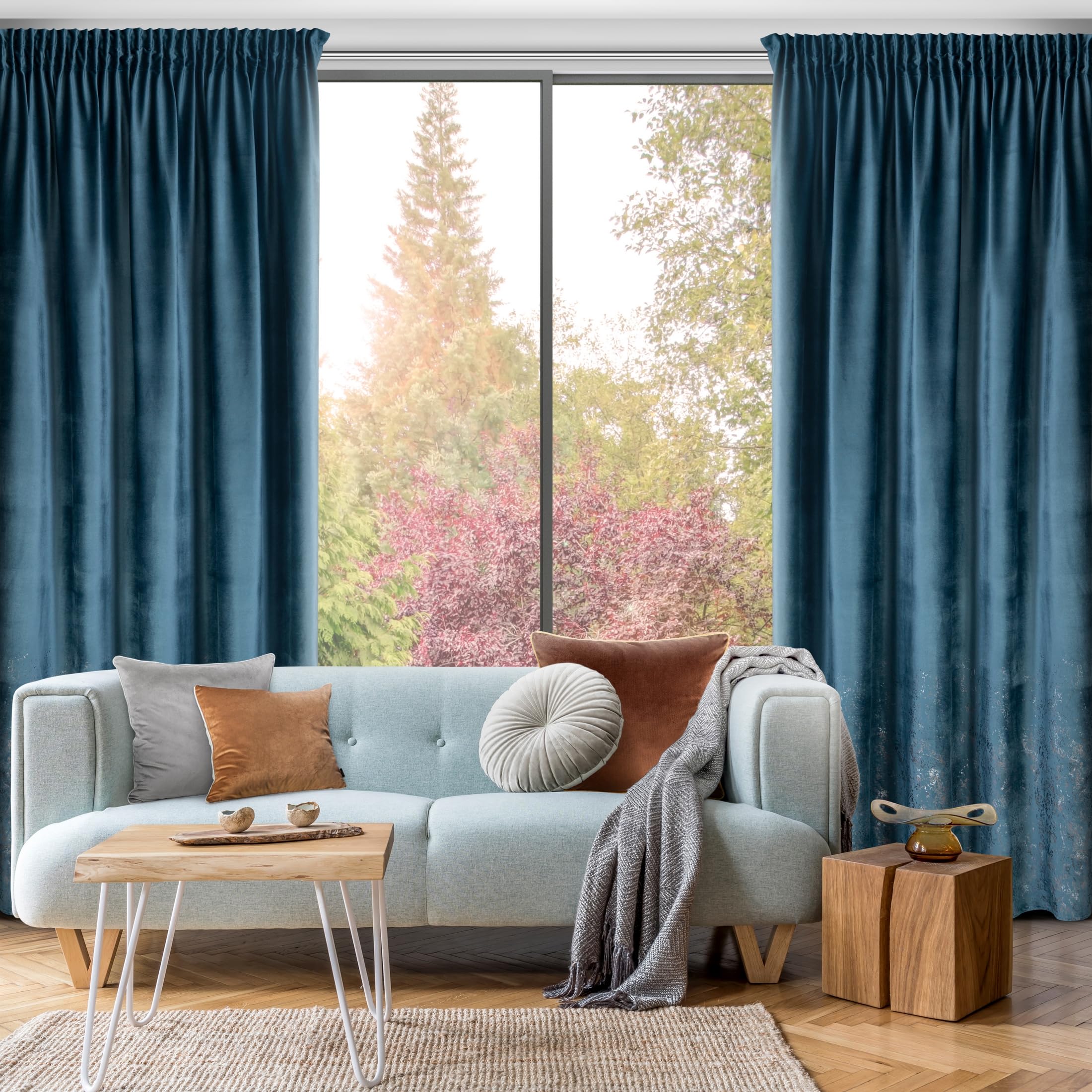 Eurofirany MIRELA - Tenda in velluto, con fettuccia arricciata, 1 pezzo, motivo dorato, oscurante, glamour, per soggiorno, camera da letto, 140 x 270 cm, azzurro