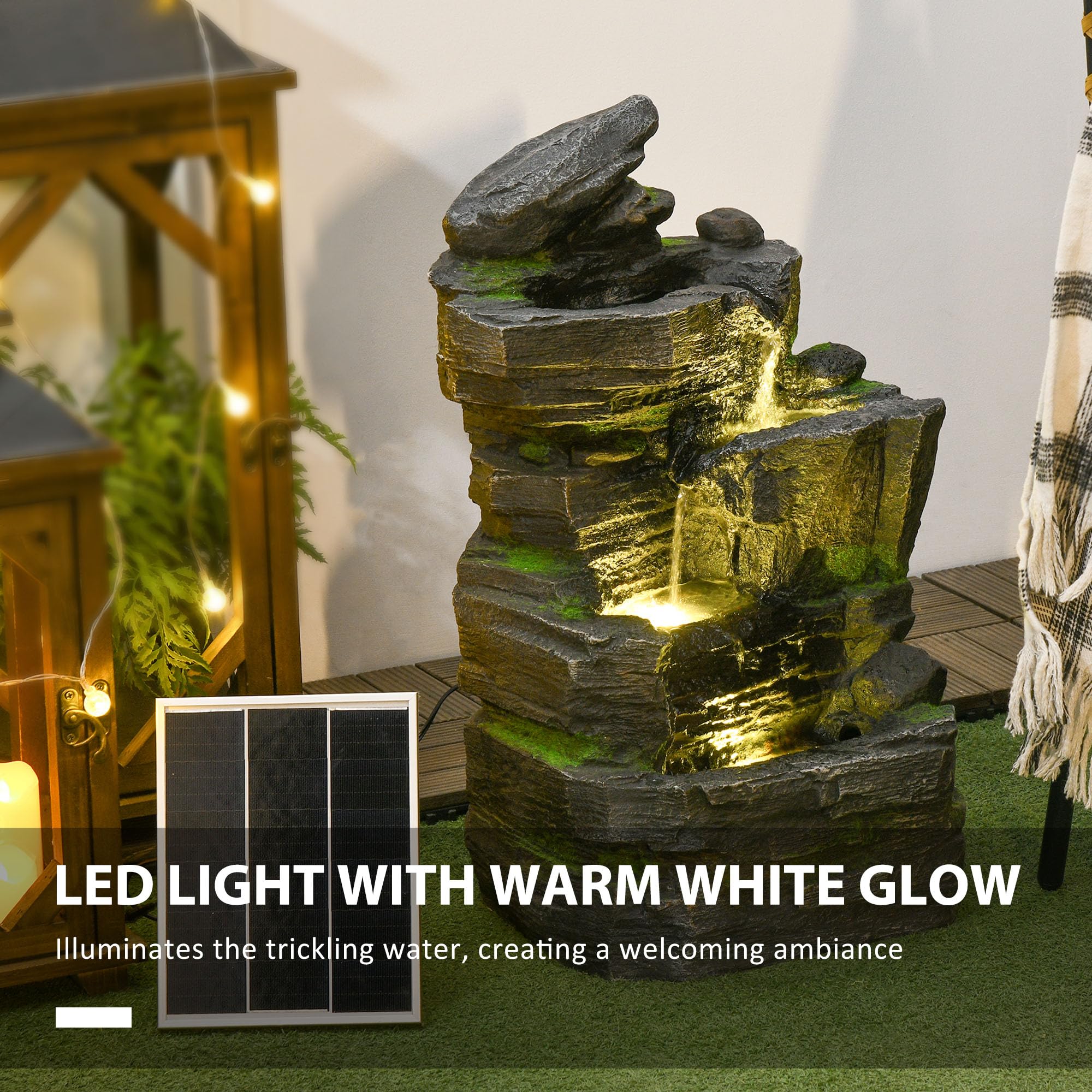 Outsunny Fontaine de Jardin à énergie Solaire avec lumières LED et Pompe, Fontaine à Eau en Cascade à 4 Niveaux pour intérieur/extérieur, Pierre empilée, décoration Cascade, 57 cm de Hauteur, Gris