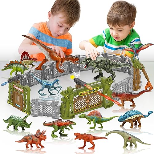 Oriate Jurassic Dinosaur Toys Catch n Run Fighting Playset, 32 PCS Include Big T-Rex & Carnotaurus 12 Mini Dinosaur Figures 6 Fences 1 Egg Play Sets, Dinosaur Toys for Kids 2-4 3-5