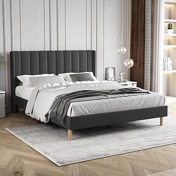 Queen Size Bed Frame with Headboard, Modern Upholstered Linen Platform Bed, Heavy Duty Wooden Slats Support, No Box Spring Needed, Noise-Free & Easy Assembly, Black