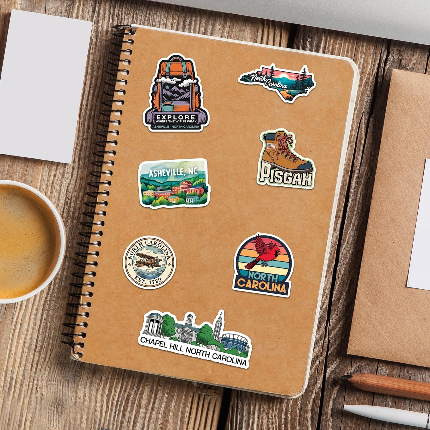 North Carolina State Travel Stickers, 50 Pieces, Vinyl, Waterproof Decal for Laptop, Water Bottle, Car, Phone, Scrapbook