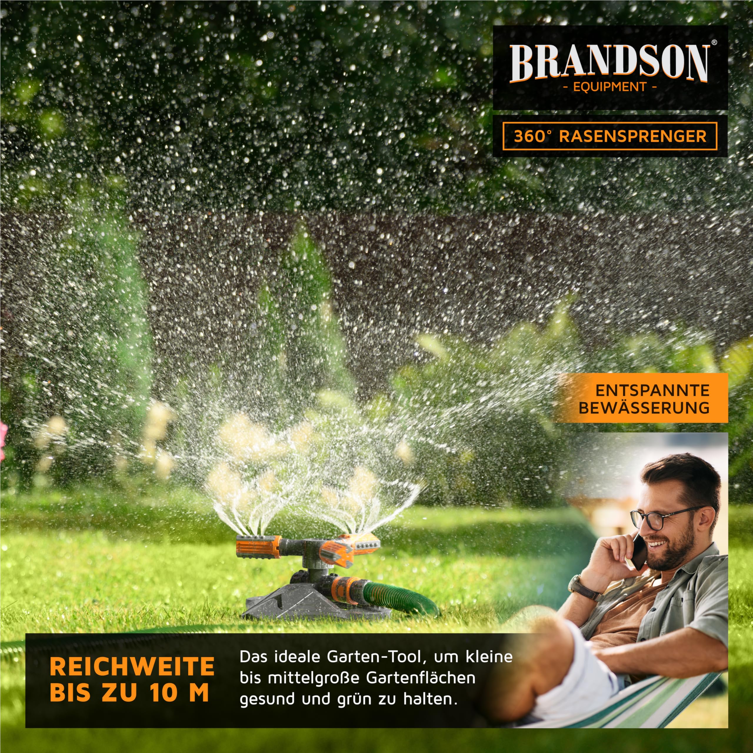 Brandson - Rasensprenger 3/4 Zoll - 360 Grad Kreisregner - Garten Sprinkler - Rotierender Wasser Sprinkler - mit Schnellkupplung - für Bewässerungsanlagen - Rasensprinkler für den Garten