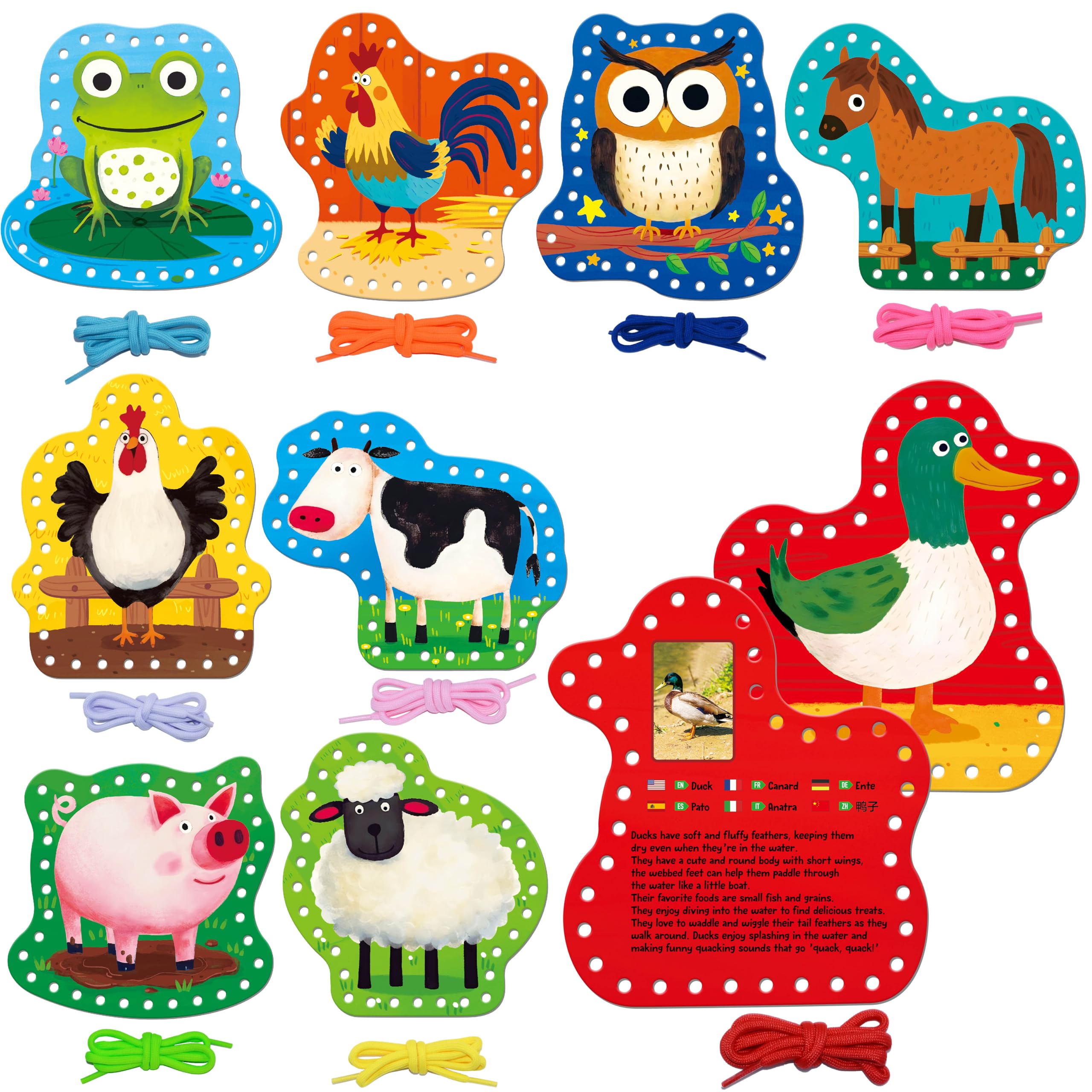 9 Pieces Kids Lacing Cards, 9 Farm Animals Double Sided Sewing Cards with 9 Colorful Laces, Educational & Learning Activity Games, Imagination Development Lacing Toys for Preschoolers, Kids Ages 3+