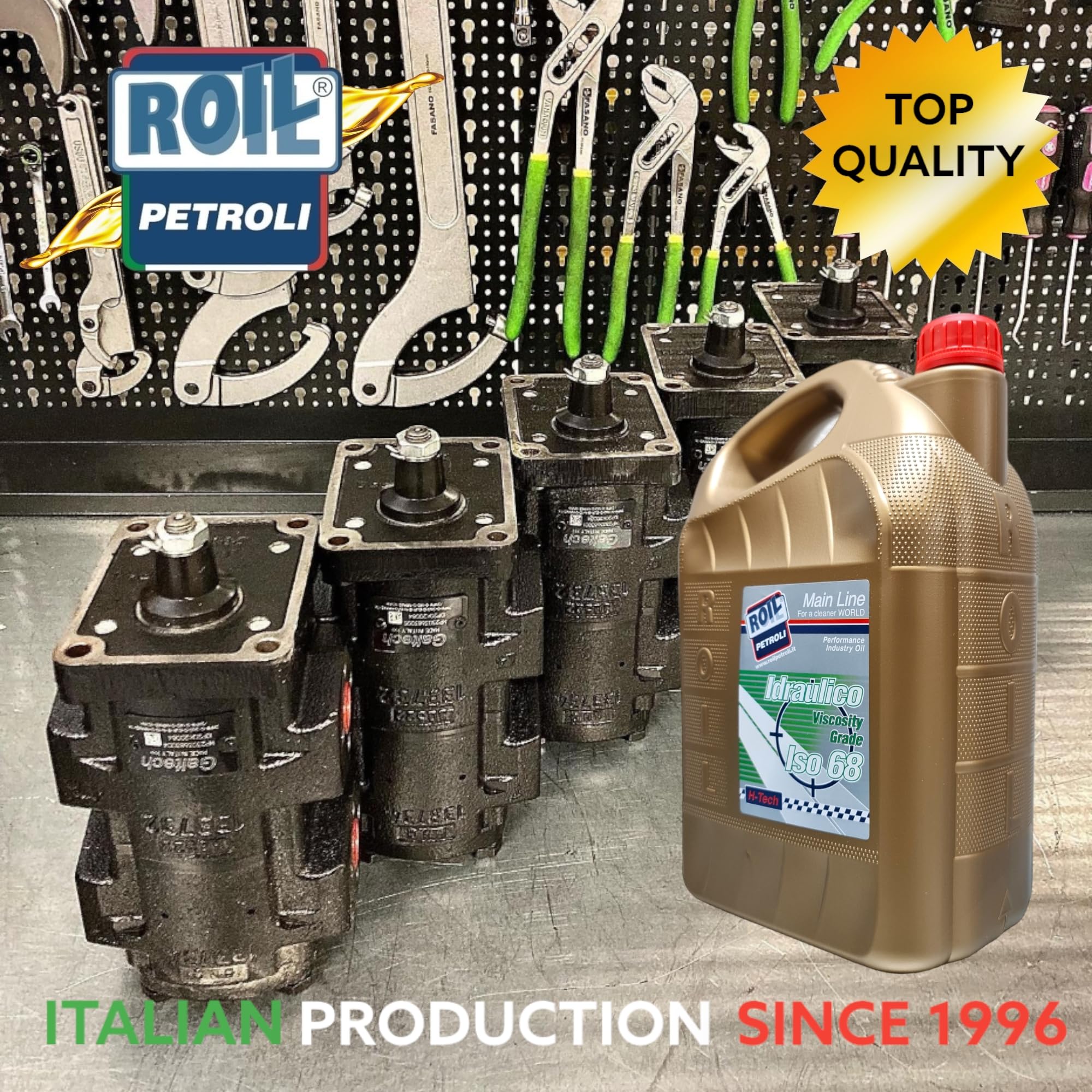 5 Litri di Roil Olio idraulico VG ISO 68 "NUOVA FORMULA CON POLIMERO ELASTOMERO" con più elasticità e durata delle parti in gomma, antischiuma e antiusura per sistemi oleodinamici e idrostatici