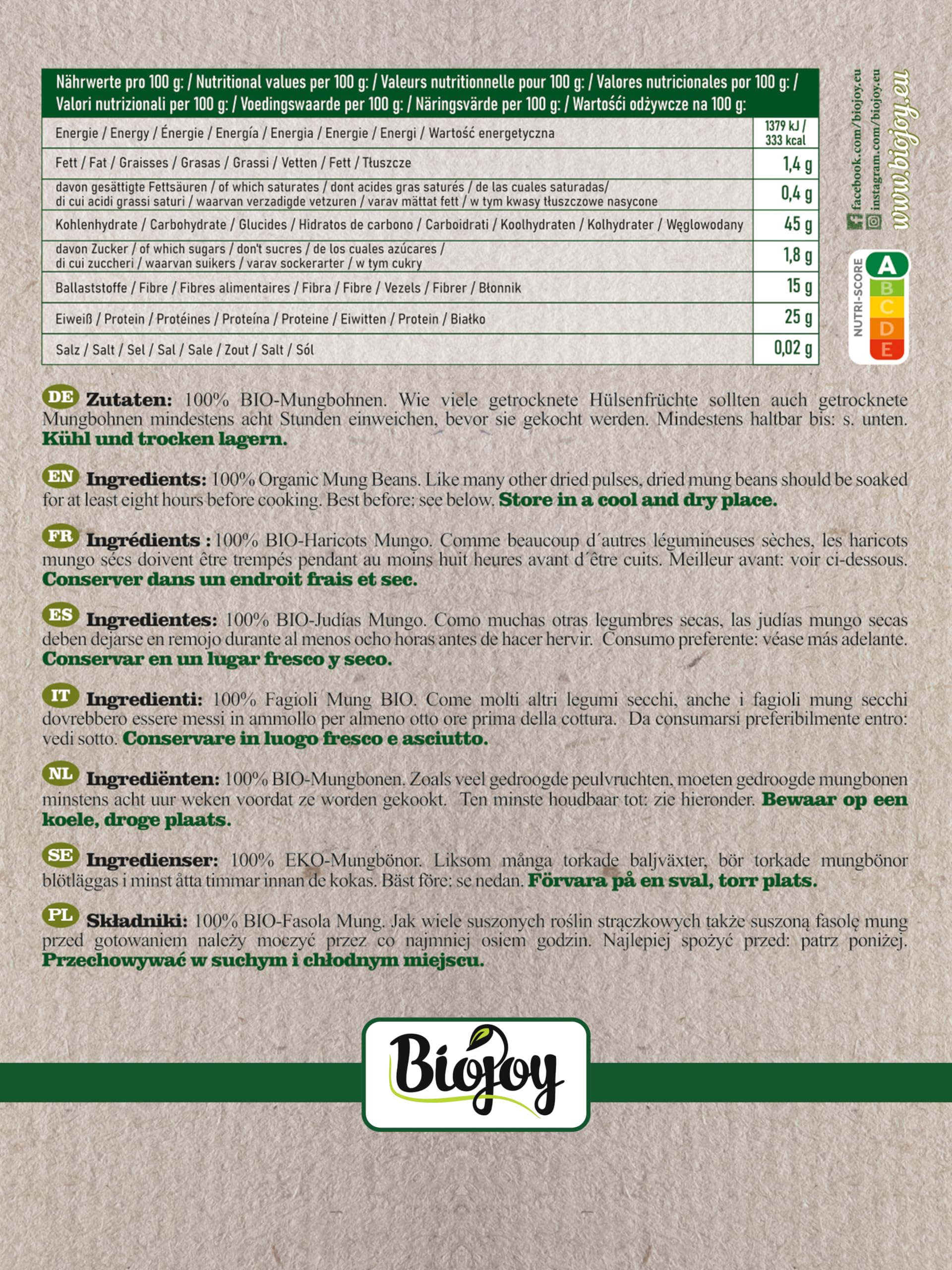 Biojoy Haricots Mungo BIO (2,5 kg), séchés et entières, sans additifs