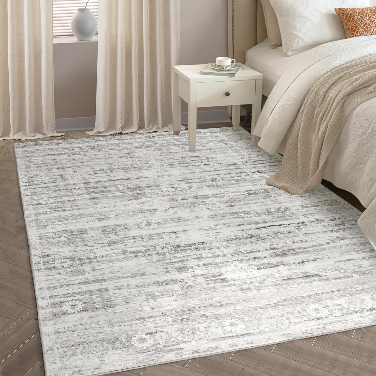 DriftAway Area Rug 4x6 Washable Rugs for Living Room Non Slip Rubber Backing Low Pile Non Shedding Carpet Friendly Boho Foldable Vintage Rugs for Bedroom Dining Room Light Gray White Light Gray/White 4' x 6' (Rectangular)