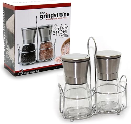 Salero o pimentero con soporte a juego | Molinillo de especias con grosor ajustable | Molino de acero inoxidable cepillado | Par de molinos de sal y