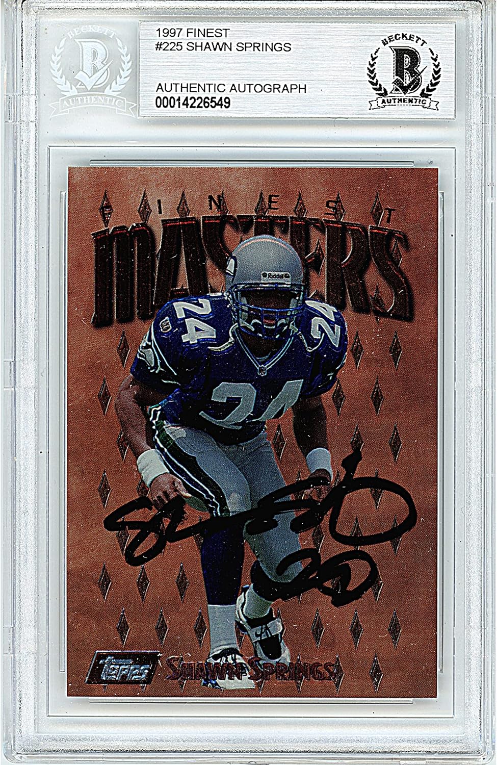 Shawn Springs Autographed 1997 Topps Finest #225 Football Trading Card Slab Beckett BAS Authentic Slabbed COA Played For Seattle Seahawks NFL