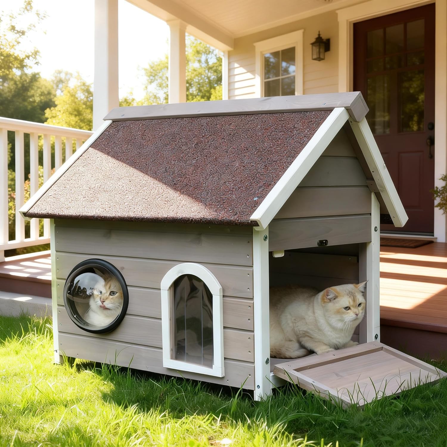 Rockever Outdoor Cat House, Waterproof Feral Cat House for Outdoor Cats with Escape Door and Clear Windows for 2 Cats(with Self Warming Mat)