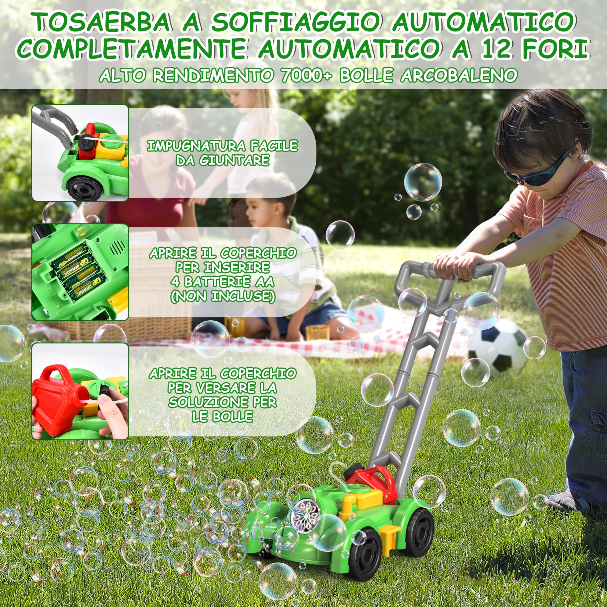 Herefun Tosaerba a Bolle per Bambini, Macchina Automatica per Soffiatore di Bolle, Giocattoli Estivi da Giardinaggio All'aperto, Regali per Bambini di Oltre 3 Anni (Verde)