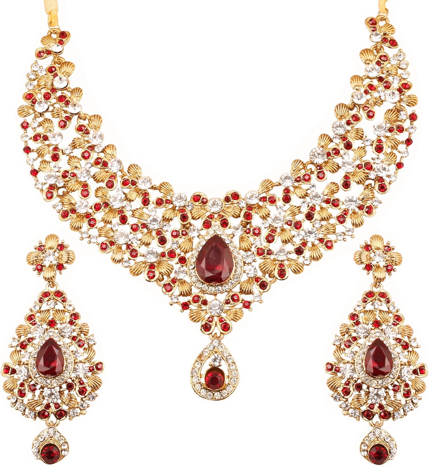 Touchstone Indian Bollywood Traditional Rhinestone Bridal Designer Jewelry Necklace Set for Women in Antique Gold or White Tone.