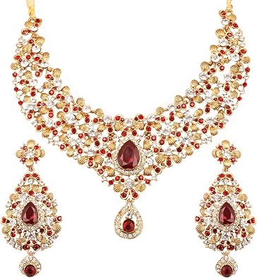 Touchstone Indian jewelry sets for women red bollywood necklace earring wedding high fashion victorian formal style jewellery gold desi artificial imitation joyeria rhinestone in antique gold tone.
