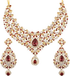 Indian Bollywood Traditional Rhinestone Bridal Designer Jewelry Necklace Set for Women in Antique Gold or White Tone.