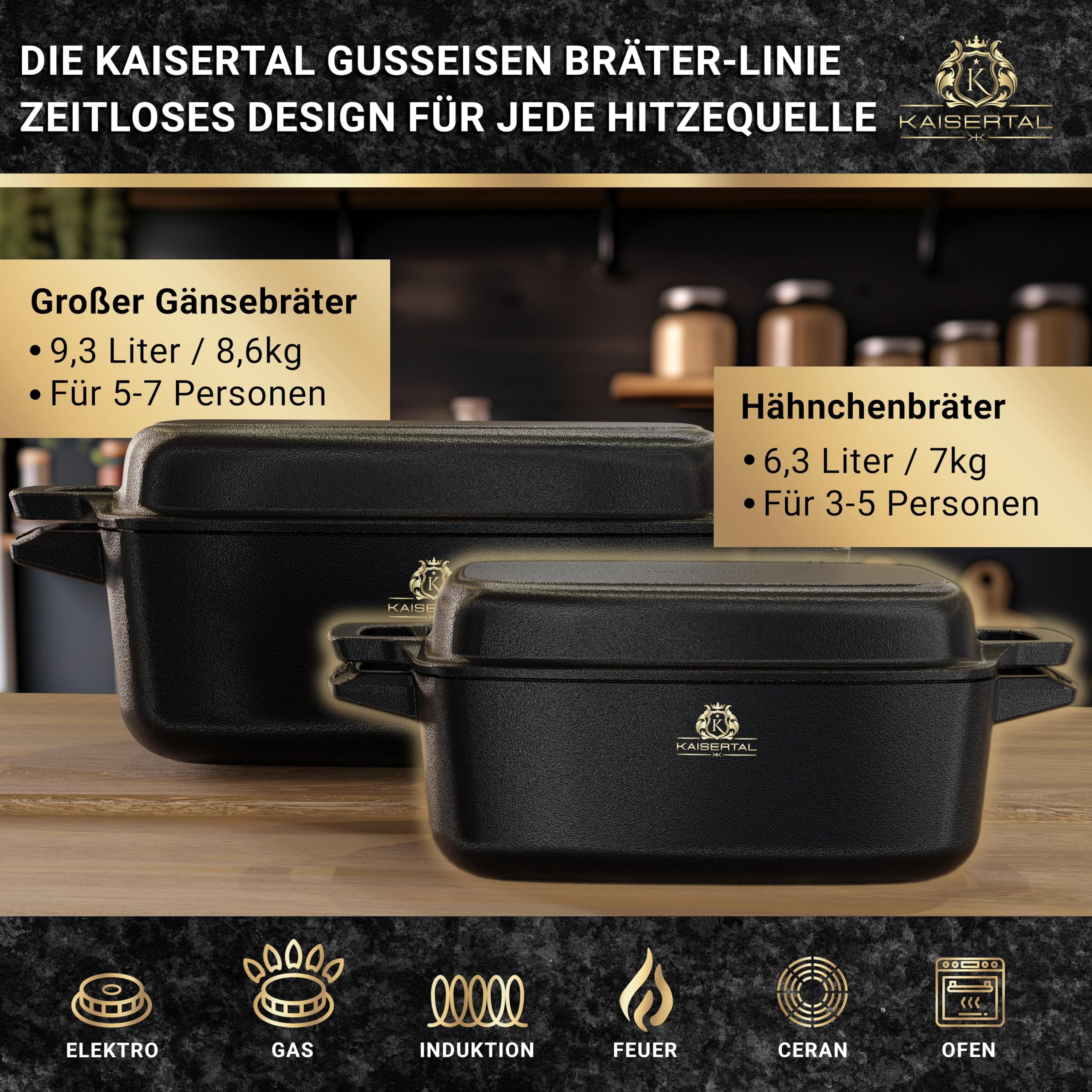 KAISERTAL Gusseisen Bräter mit Deckel backofengeeignet – 28cm Schmortopf mit Deckel | Backofengeeignet, Induktion, Indoor & Outdoor | 7kg Gusseisen-Topf 6L – Cast Iron Pot für Bräter & Schmortöpfe