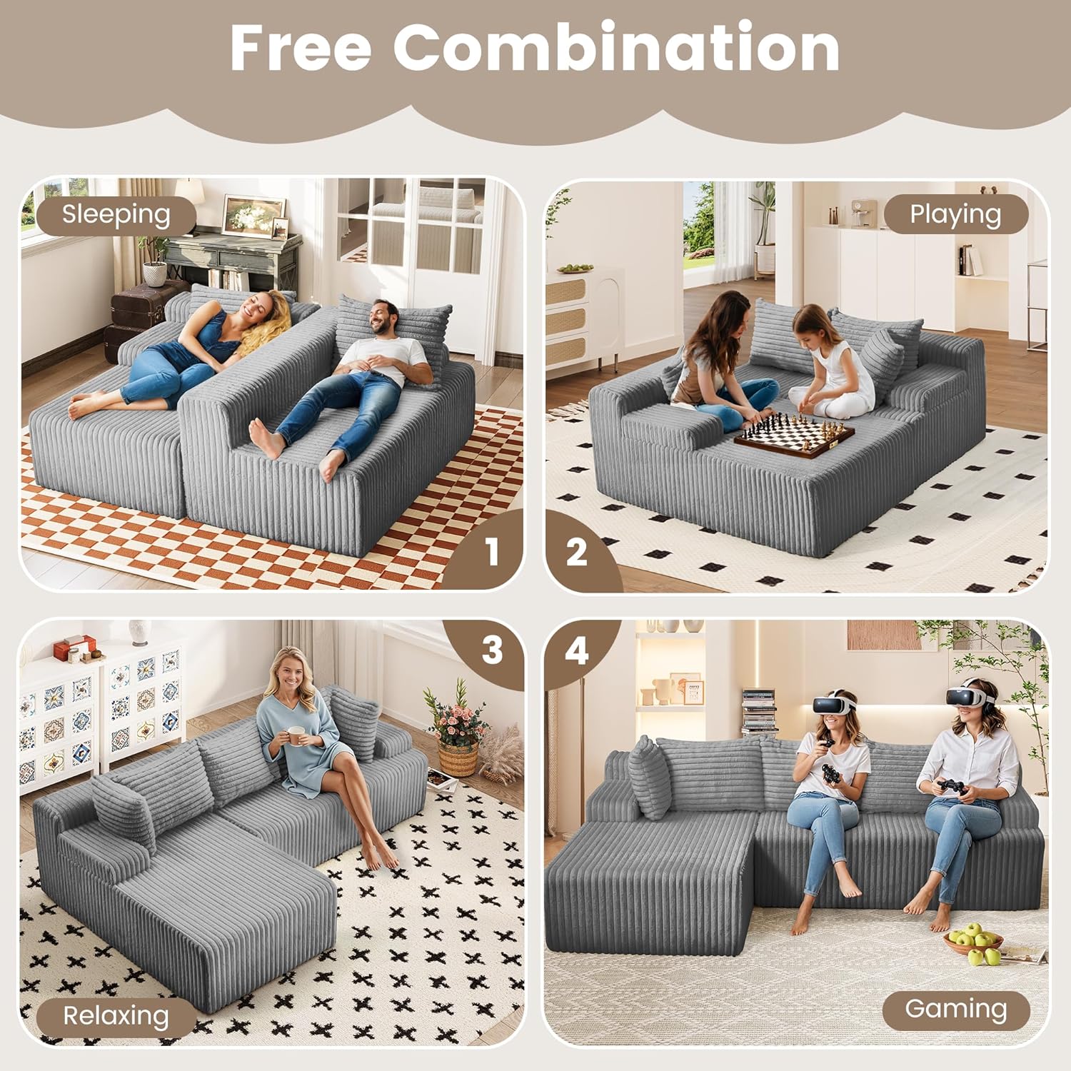 Boneless Couch, Upholstered Cloud Couch Sectional with L Shape Chaise, Fluffy Comfy Cloud Sofa with Deep Seat & Throw Pillows, Boneless Couches for Living Room, No Assembly Required, Grey