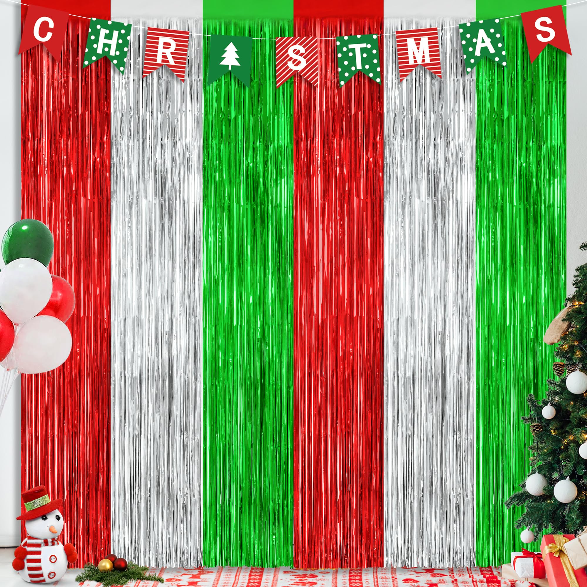 2 Pack Christmas Backdrop, 3.28 FT x 7.05 FT Red Silver Green Party Streamer, Metallic Xmas Backdrop Fringe Curtains Foil Tinsel, Christmas Decorations Wall Decor Photo Booth Props