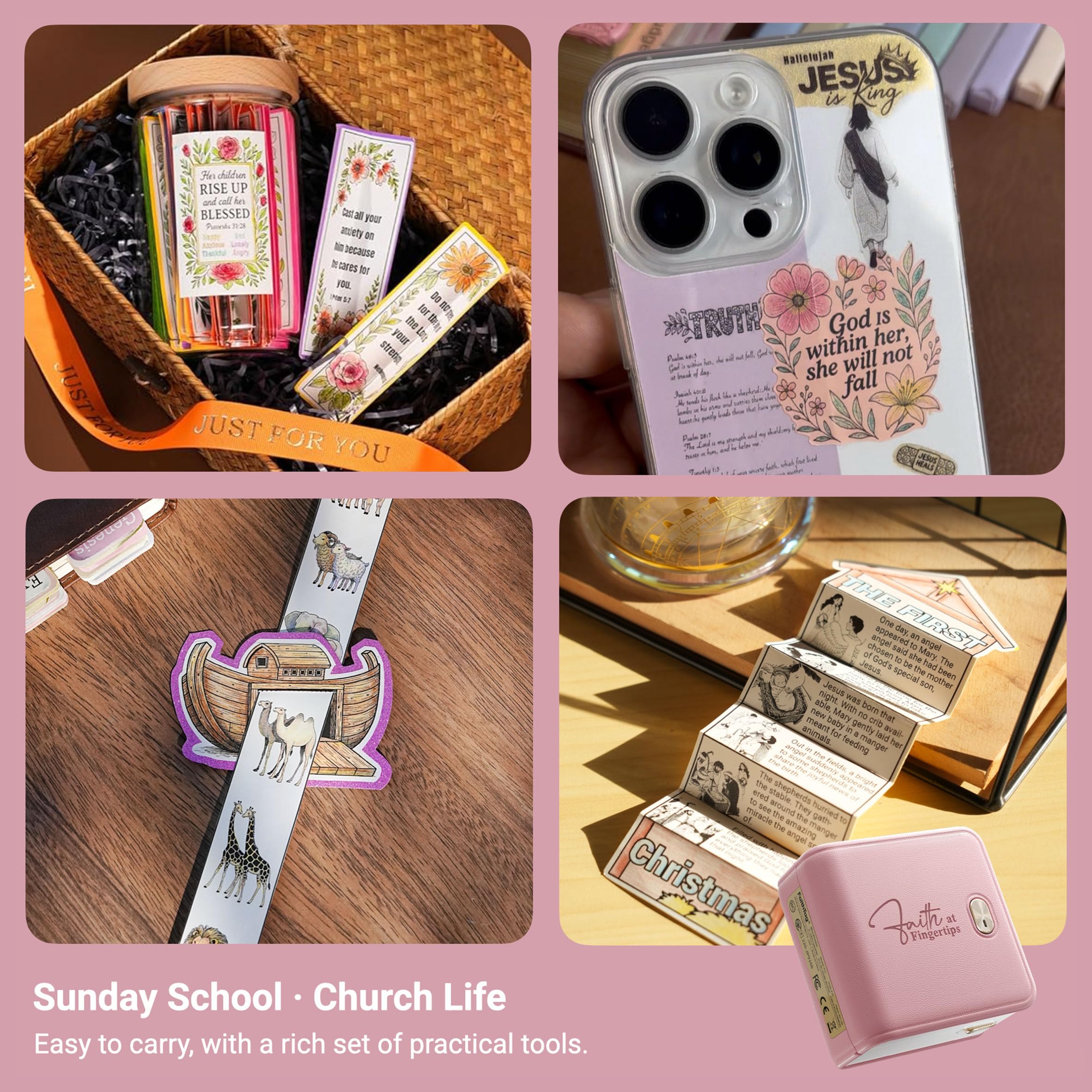 Suministros de diario de estudio bíblico rosa, kit de mini impresora de calcomanías F21, regalos cristianos para mujeres, hombres, adolescentes, niñas, niños, confirmación, bautizos