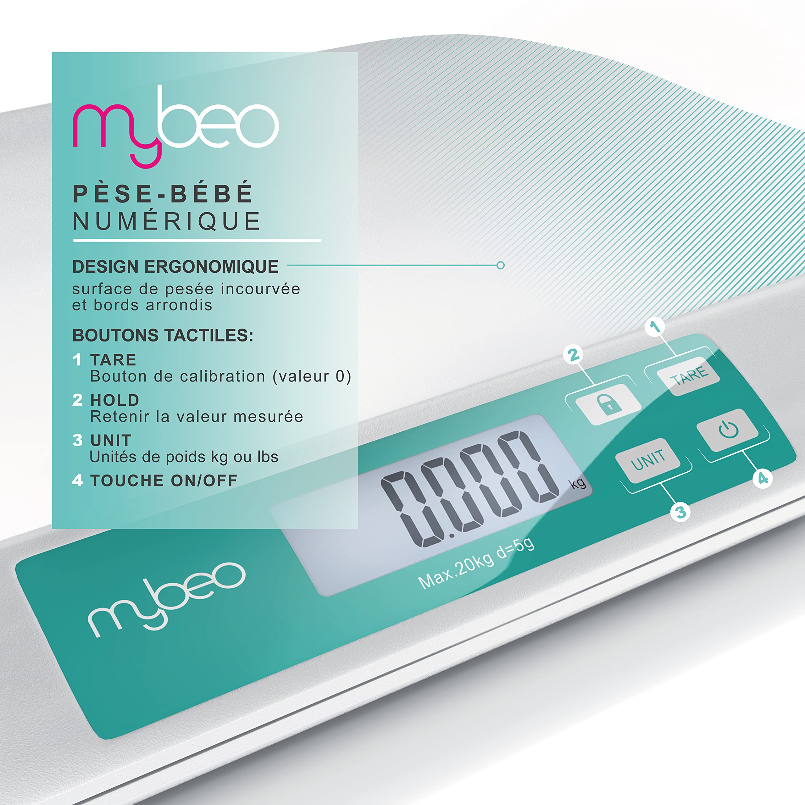 Pèse-bébé électronique - Balance pour petits enfants et animaux domestiques - Pèse-personne numérique - 54 x 26 cm - Poids jusqu'à 20 kg avec une précision de 5 grammes - Fonction tare - blanc