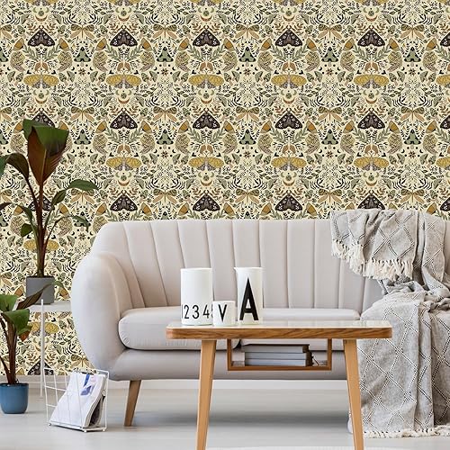 Miniatura 3 de HLNIUC Papel tapiz vintage de hongos beige para despegar y pegar, 17 x 118 pulgadas, papel de contacto bohemio de mariposa y polilla, papel de pared